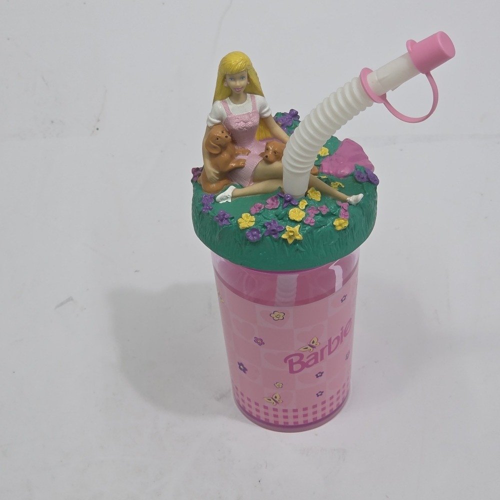 1997 Barbie Cup Plastic 3D Sculpted Drinking Cup Pink Floral Dogs ZAK Mattel